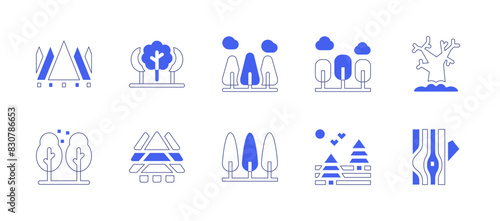 Forest icon set. Duotone style line stroke and bold. Vector illustration. Containing forest, parking, pine, tree, wood.