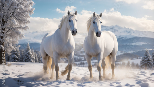 A white horse is running in the snow.