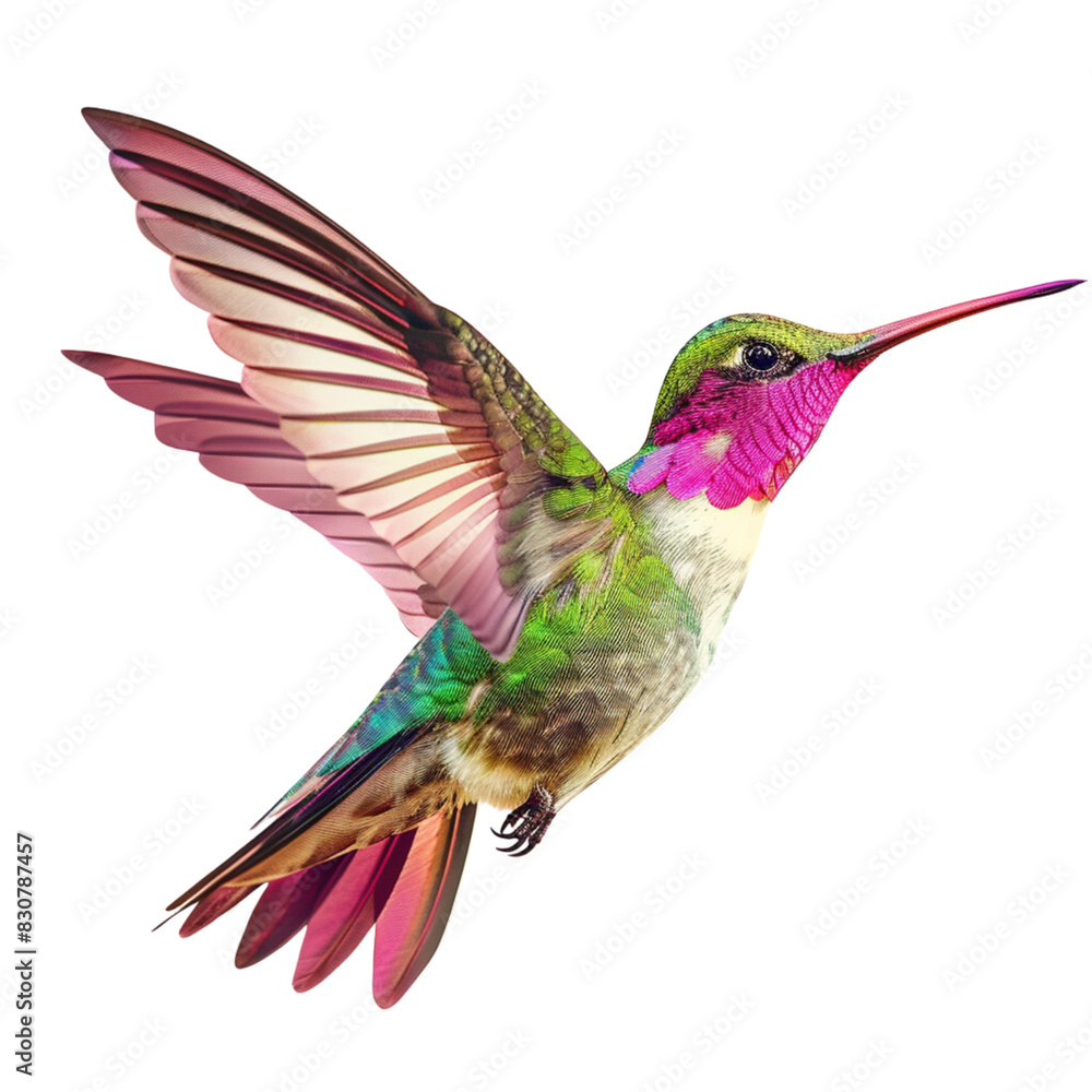 Fototapeta premium Realistic flying hummingbird with in a side view on a white background