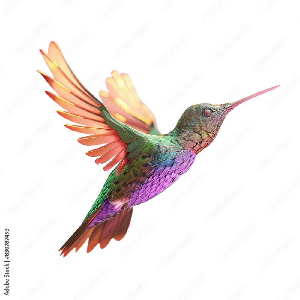 Obraz premium Realistic flying hummingbird with in a side view on a white background