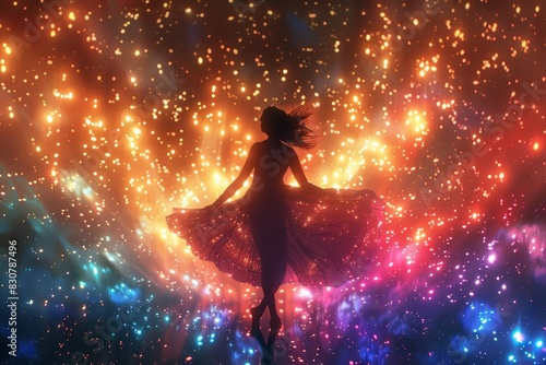 A woman in a flowy dress dances at night surrounded by vibrant, colorful light trails and sparkling effects.