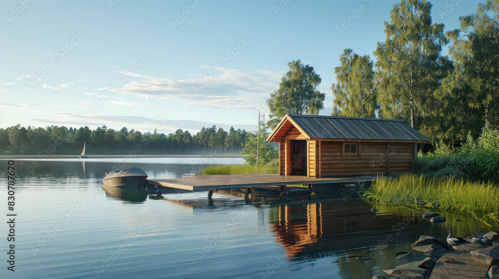 A picturesque scene of a wooden Finnish sauna hut by a calm lake, with a pier leading to boats, immersing the viewer in a peaceful summer sanctuary. A picturesque scene of a wooden Finnish sauna hut by a calm lake, with a pier leading to boats, immersing the viewer in a peaceful summer sanctuary.