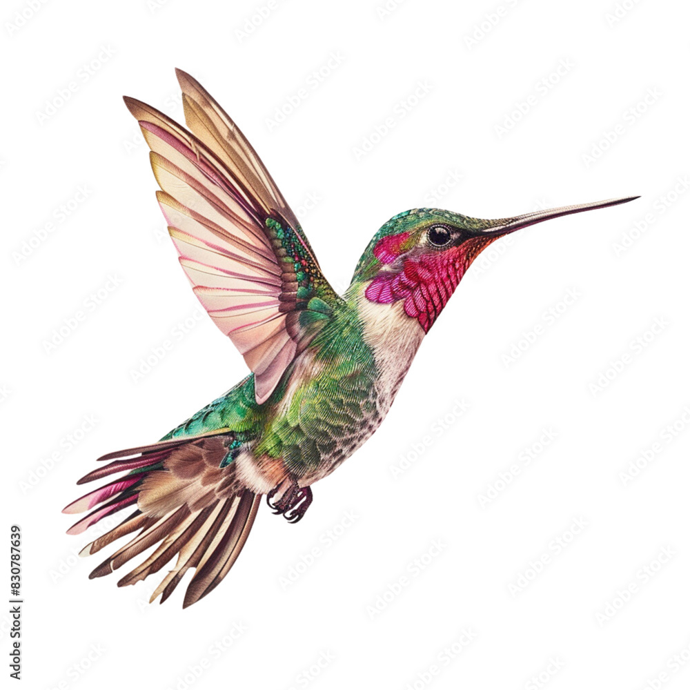 Fototapeta premium Realistic flying hummingbird with in a side view on a white background