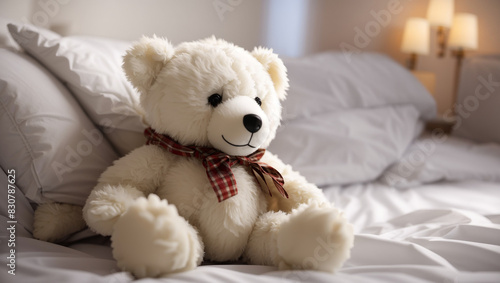 A white teddy bear is sitting on a white bed.