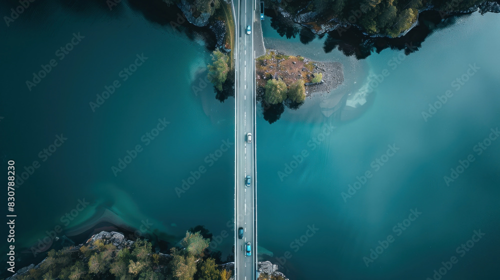 Aerial top view of a bridge road with cars crossing over a vibrant blue lake in summer Finland, capturing the scenic beauty and connectivity of the region.