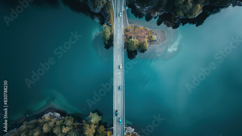 Obraz na płótnie Aerial top view of a bridge road with cars crossing over a vibrant blue lake in summer Finland, capturing the scenic beauty and connectivity of the region. w salonie