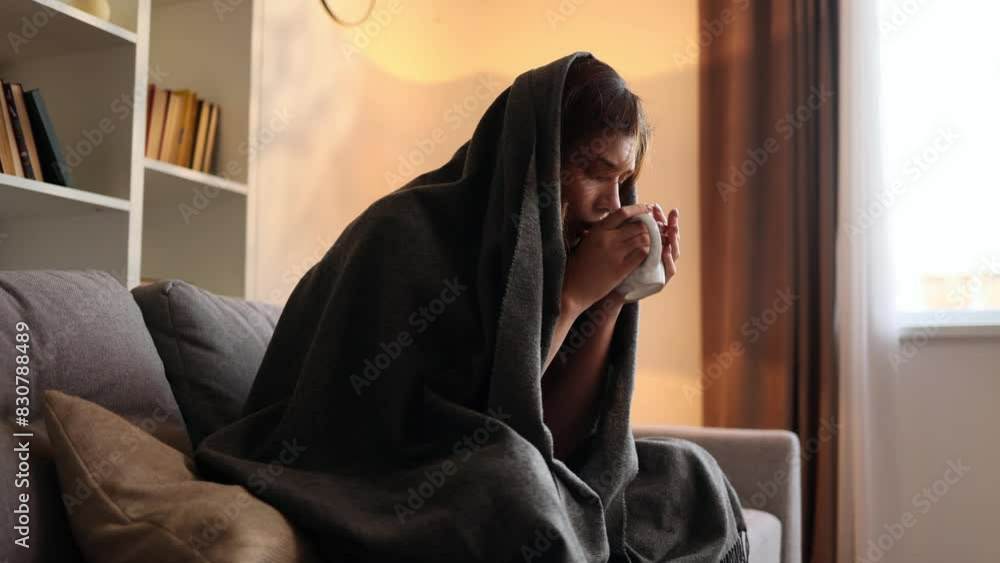 Sick young woman sitting on sofa under the warm blanket coughing having severe headache temperature and drinking hot tea at home Unhealthy female getting flu fever virus symptom indoors Sick young woman sitting on sofa under the warm blanket coughing having severe headache temperature and drinking hot tea at home Unhealthy female getting flu fever virus symptom indoors