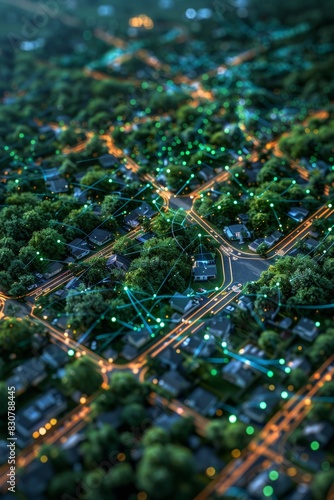 A modern city at dusk showcases digital connectivity with light trails over green spaces and urban buildings, reflecting technological advancements and urban planning.