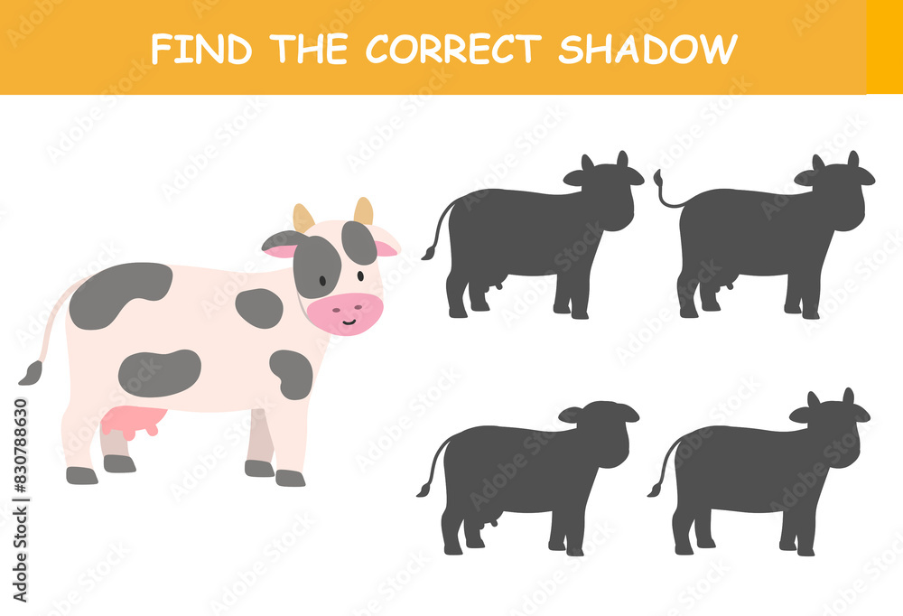 Obraz premium Find the correct shadow of the cute illustration of cow. Educational logic game for children. Printable worksheet.