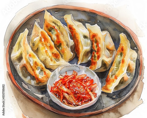 Delicious golden fried gyoza dumplings served with a side of kimchi.