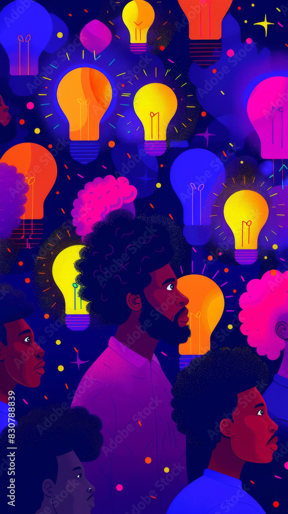 Creative Minds at Work: African American Men Surrounded by Lightbulbs at Night Creative Minds at Work: African American Men Surrounded by Lightbulbs at Night