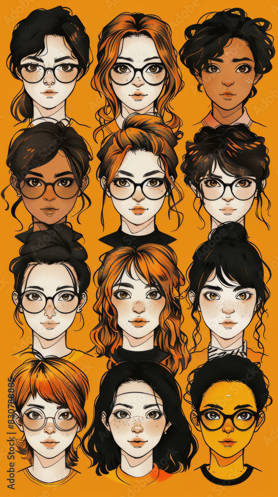 Diverse Women Portraits in Stylish Glasses and Varied Hairstyles Diverse Women Portraits in Stylish Glasses and Varied Hairstyles