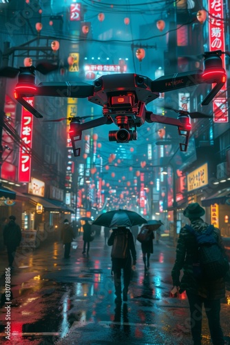 A drone flies above pedestrians with umbrellas on a wet, neon-lit street in an Asian city at night, capturing the citys lively atmosphere.