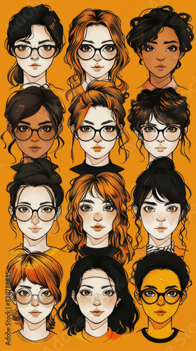 Diverse Women Portraits in Stylish Glasses and Varied Hairstyles