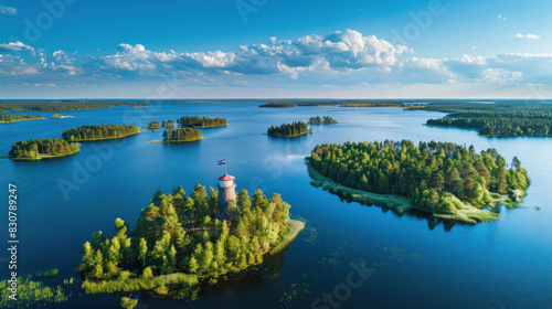 Aerial view of Aulanko Observation Tower in Hameenlinna, flying the Finnish flag proudly, surrounded by blue lakes and lush green forests in summer.
