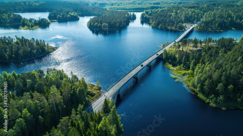 Bird's-eye view of a bridge road with moving cars, stretching across a picturesque blue lake on a bright summer day in Finland, framed by dense green forests.