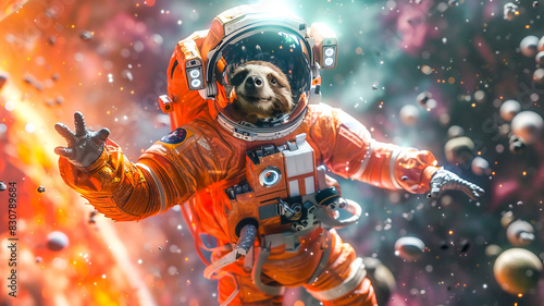 Cute sloth wear astronaut suit in galaxy ,Funny fantasy animal concept . photo