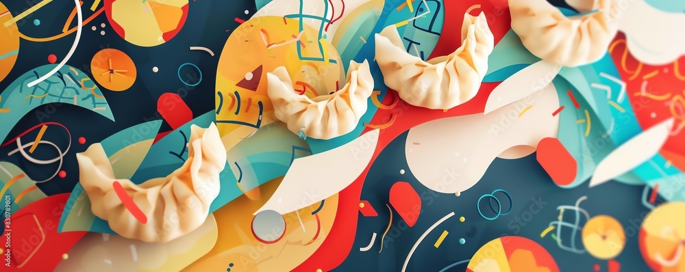 Obraz premium Close-up of steamed dumplings on a colorful patterned background.