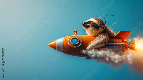 Cute sloth riding rocket studio shot , Fantasy funny animal concept .