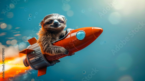 Cute sloth riding rocket studio shot , Fantasy funny animal concept .