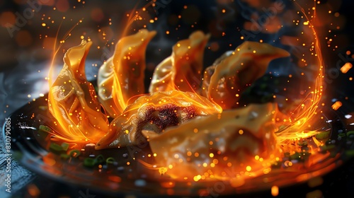 Crispy golden dumplings engulfed in flames, a fiery and delicious culinary experience.