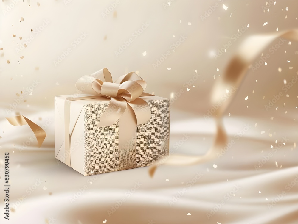 minimalistic product background with golden ribbon and gift box on beige surface, with light shadows, flying particles, in the style of realistic minimalistic product background with golden ribbon and gift box on beige surface, with light shadows, flying particles, in the style of realistic