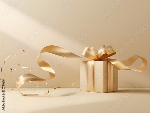 minimalistic product background with golden ribbon and gift box on beige surface, with light shadows, flying particles, in the style of realistic photo