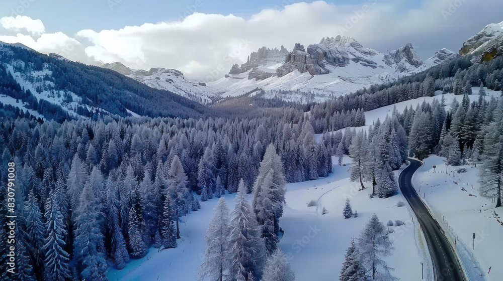 Captivating aerial shot of a snow-blanketed forest with a meandering road, set in the majestic Dolomites, Italy, highlighting the untouched beauty of winter.