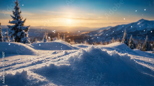 Beautiful snowy landscape in sunset lights. Generative AI