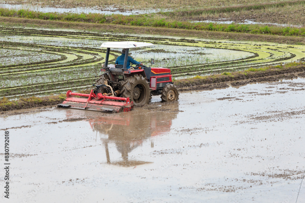 Obraz premium 田植えの準備で耕すトラクター