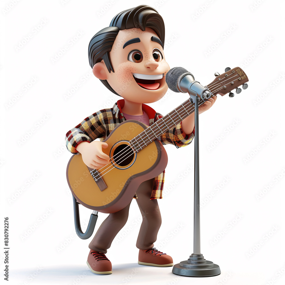 Obraz premium 3D Musician:The cartoon musician mascot, dressed in trendy attire and sporting stylish accessories, embodies the energy and passion of music. Holding a guitar in one hand and a microphone in the other