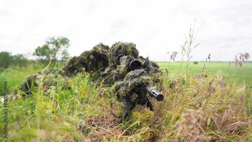 Close-up portrait of a military sniper in camouflage green army clothes. sniper in camouflage suit looking at the target. 4k video.