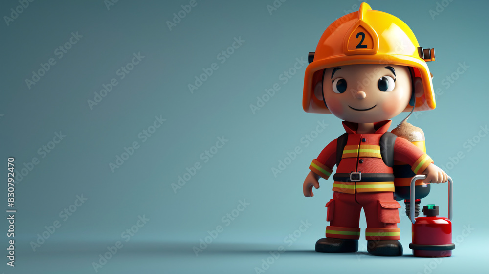3D Firefighter: The firefighter cartoon mascot,wearing a bright red helmet and a sturdy uniform, embodies bravery and readiness. Equipped with fire extinguisher in one hand and a determined expression 3D Firefighter: The firefighter cartoon mascot,wearing a bright red helmet and a sturdy uniform, embodies bravery and readiness. Equipped with fire extinguisher in one hand and a determined expression