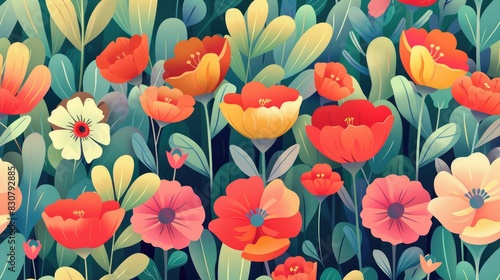 Spring themed Color Seamless Flower Pattern Background with Flat Design