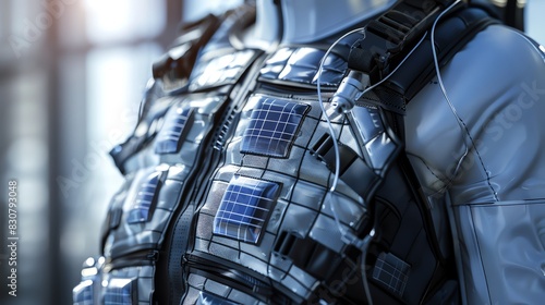 Close-up of a futuristic, high-tech vest with solar panels and wires.