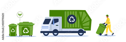 Trash utility, disposal and recycling concept set. Waste collector worker, recycling trash bin and garbage truck collection. Vector illustration. 
 photo