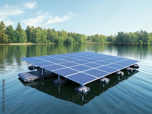 Floating solar panels on a calm lake, generating clean energy. photo