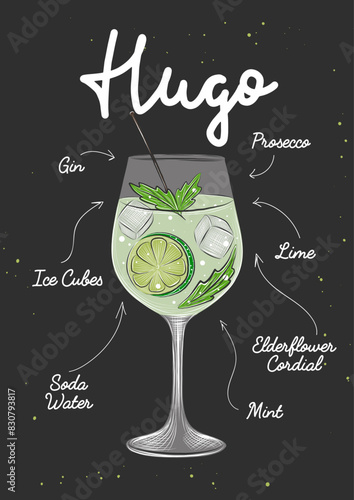 Vector engraved style illustration for posters, decoration and print. Hand drawn sketch of Hugo alcoholic cocktail, colorful isolated on white background. Detailed vintage woodcut style
