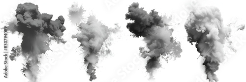 Set of black and white smoke mix explosion,
Black clouds or smoke on white
 photo