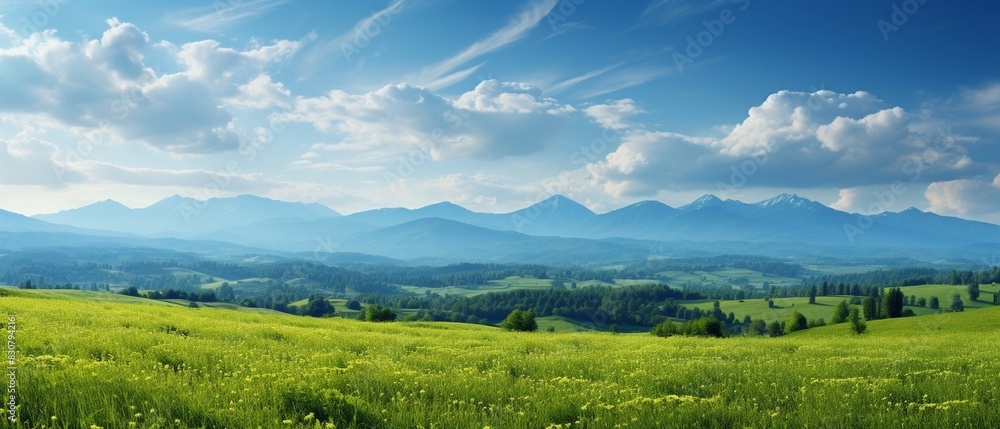 Green grass field, blue sky with clouds, panoramic view of mountains in background, summer spring meadow, shallow depth of field 8K , high-resolution, ultra HD,up32K HD Green grass field, blue sky with clouds, panoramic view of mountains in background, summer spring meadow, shallow depth of field 8K , high-resolution, ultra HD,up32K HD