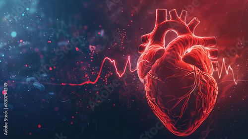 Human heart with cardio pulse line  chromosome and Flowing red blood cells photo