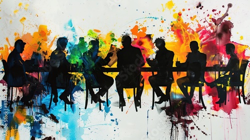 Painting of a group of business people having a meeting in graffiti style and paint splashes on a white background. photo