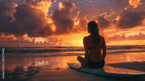 Quiet moment captured of a woman with her surfboard, sitting on a deserted beach at sunset, lost in thought and enjoying the tranquil beauty of the ocean.