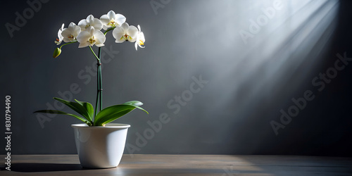 Wallpaper Mural White orchid in pot stands on the floor in dark room and rays of light penetrate through the window, white dark background, space for insertion, horizontal banner. Generated AI. Torontodigital.ca