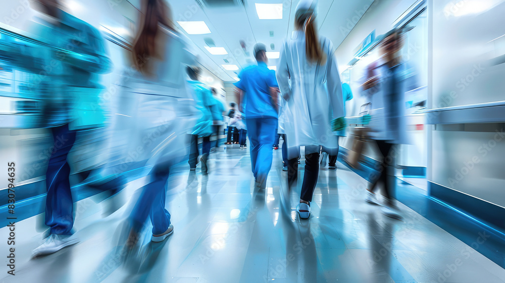 Doctors and medical staff walk down in hospital, Busy corridor in medical clinic with motion blur effect Doctors and medical staff walk down in hospital, Busy corridor in medical clinic with motion blur effect