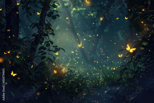 Fireflies flying in the dark, Glowing bugs in night forest photo