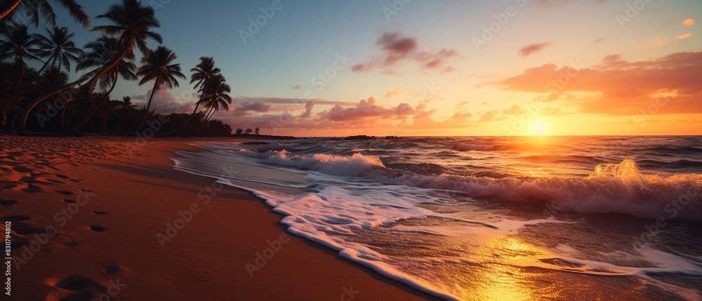 Naklejka premium Sunset over tropical beach, panoramic view, blurred palm trees, golden sand shimmering, tranquil summer evening 8K , high-resolution, ultra HD,up32K HD