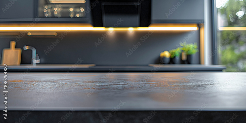 Empty kitchen dark marble countertop with blurred background behind, advertising banner. Empty kitchen dark marble countertop with blurred background behind, advertising banner.