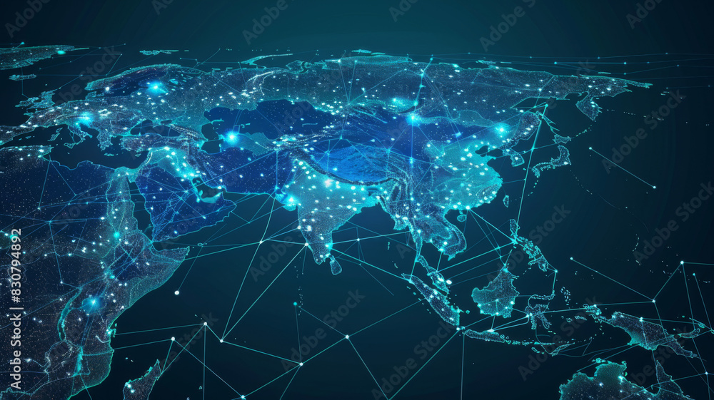 Asia map depicting global connectivity, data transfer, business exchange, and tech advancement. Concept Global Connectivity Asia map depicting global connectivity, data transfer, business exchange, and tech advancement. Concept Global Connectivity