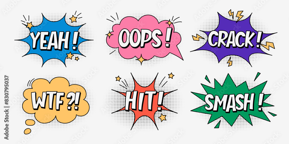 Fototapeta premium A set of multi-colored speech bubbles with expressive inscriptions, clouds and explosions in a comic style on a white background. Retro banner in pop art style with halftone shadows, doodle elements. 